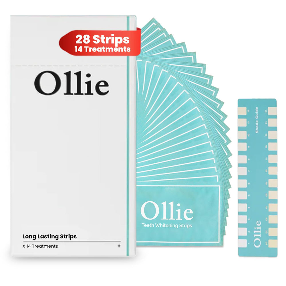 Ollie teeth whitening strips applied to teeth showing even whitening results.