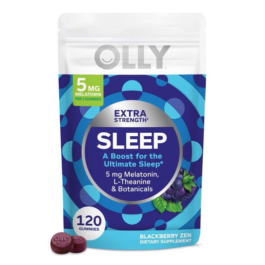 OLLY Extra Strength Sleep Gummies bottle label close-up showing 5 mg melatonin
