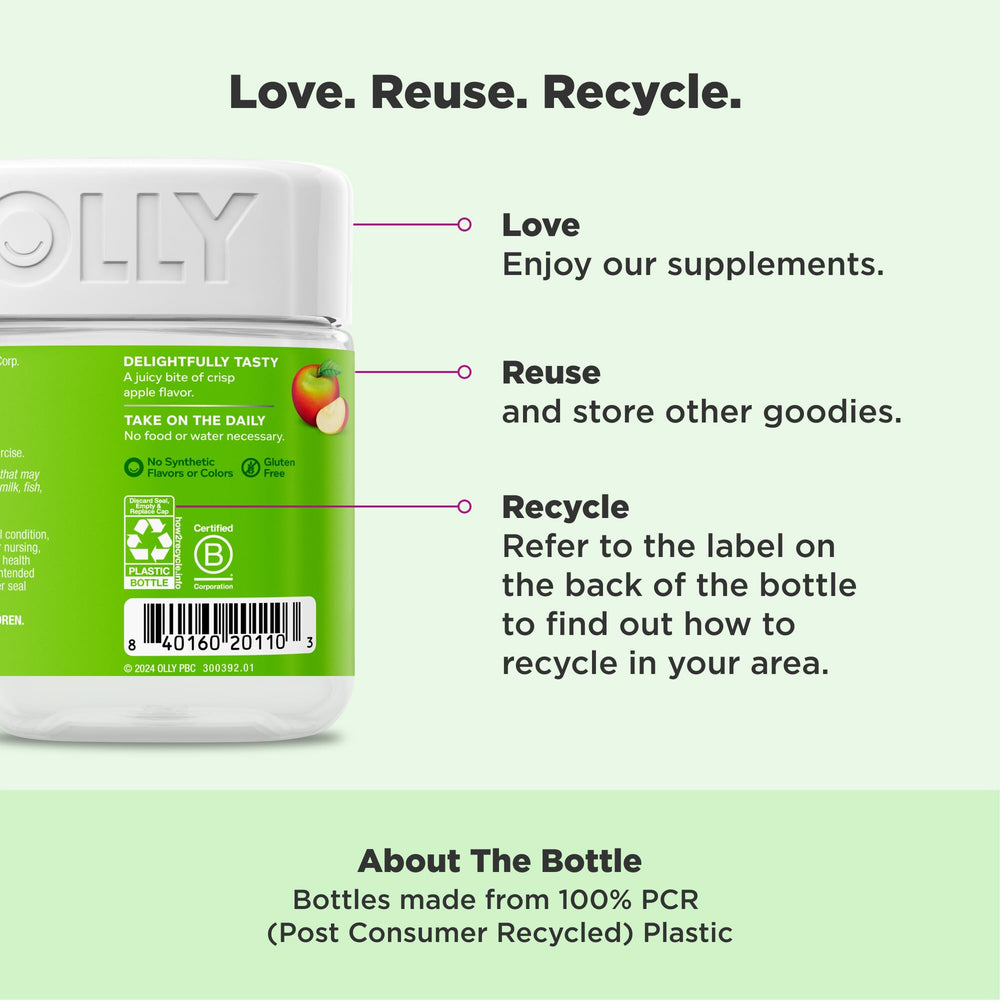 OLLY Metabolism Gummy Rings closeup text emphasizes Chromium Picolinate and Vitamin B12 benefits.