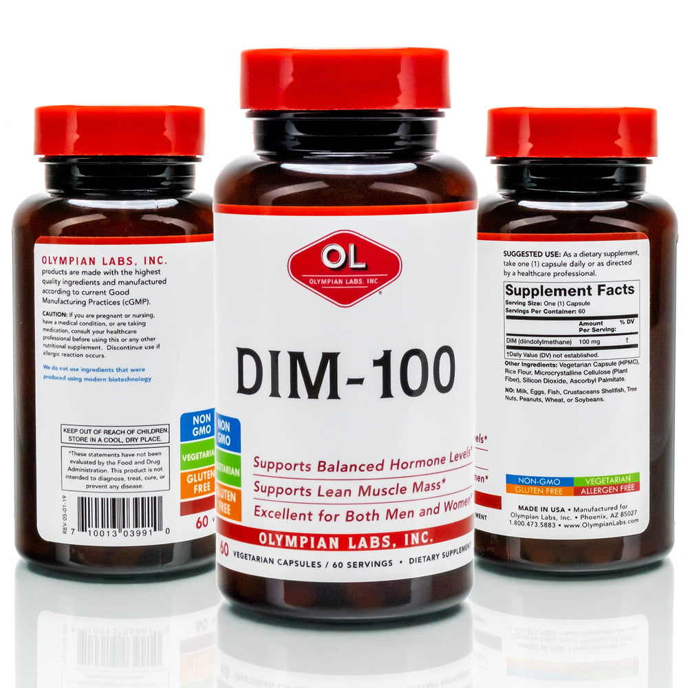Olympian Labs DIM bottle with packaging details for dosage reference