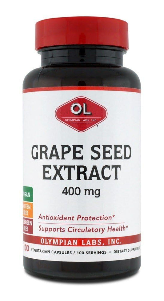 Olympian Labs Grape Seed Extract 400mg bottle pour highlighting antioxidant support for heart health