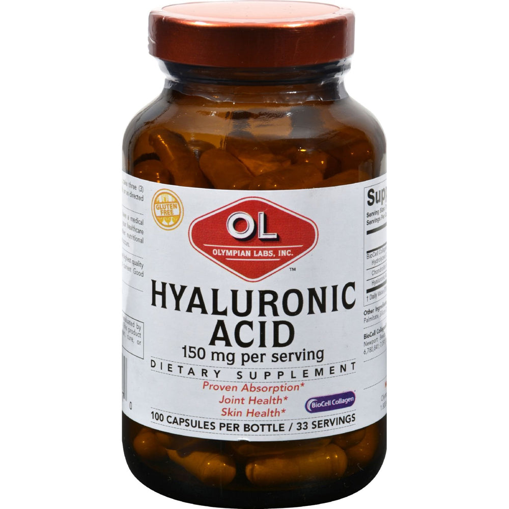Olympian Labs Hyaluronic Acid 150mg bottle with capsules for joint lubrication.
