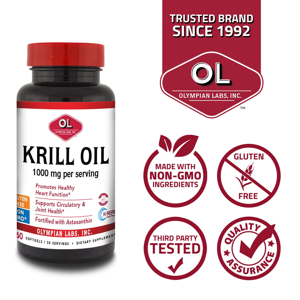Olympian Labs Krill Oil with Astaxanthin glow highlighting antioxidant potency.