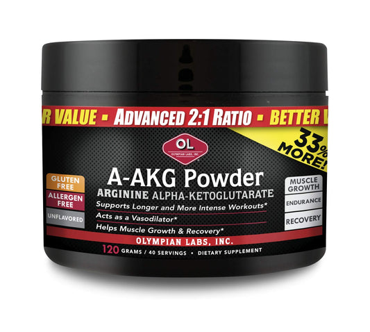 Olympian Labs PSN A-AKG powder bottle shows stimulant-free performance support.