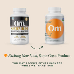 Om Master Blend capsules with ashwagandha noted for daily wellness.