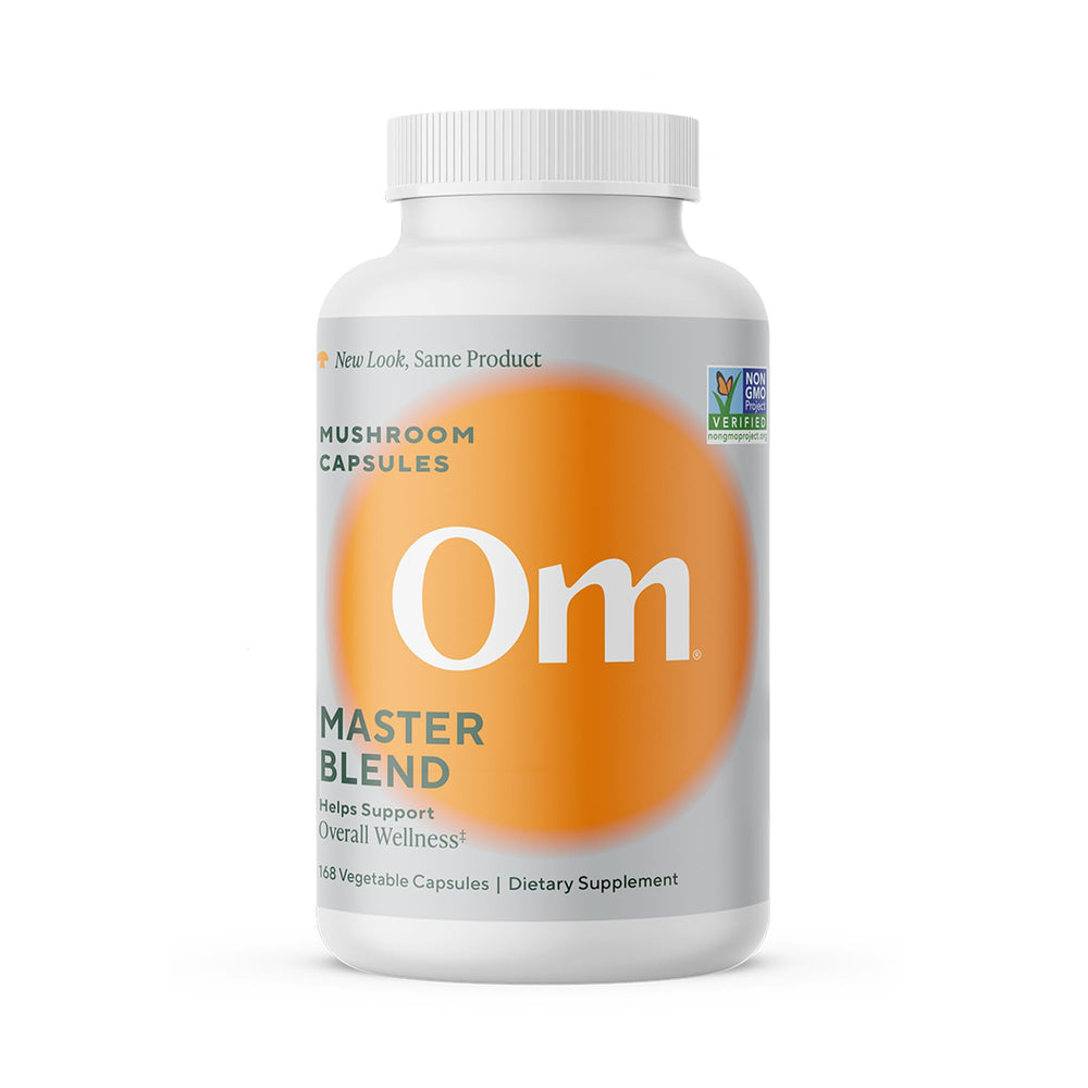 Om Master Blend bottle front view highlighting capsule-based immune and gut support.