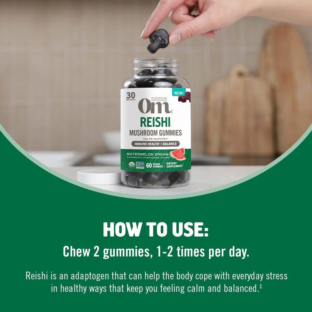 OM MUSHROOM REISHI GUMMIES Watermelon Kitchen Scene implies everyday wellness routine.