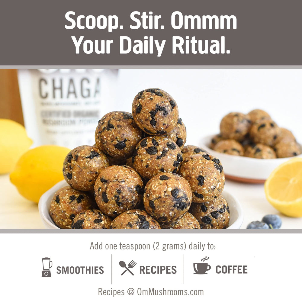 OM Mushroom Superfood Chaga powder tea image for warm brews