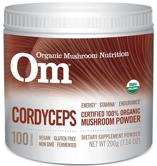 Om Mushroom Superfood Cordyceps powder bottle for daily energy support.