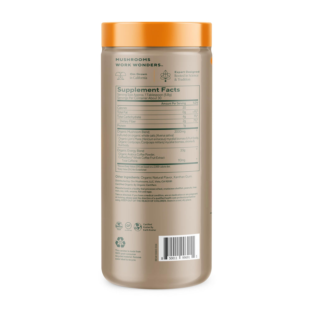 OM Mushroom Superfood instant coffee with Lion's Mane close-up for focus