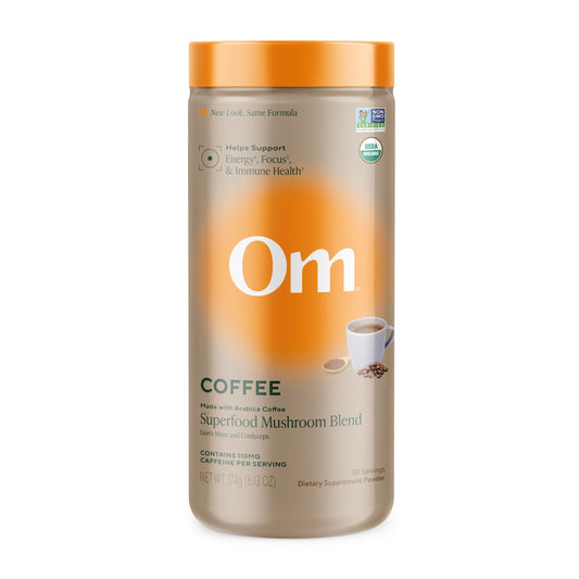 OM Mushroom Superfood instant coffee packaging shows premium blend for daily energy