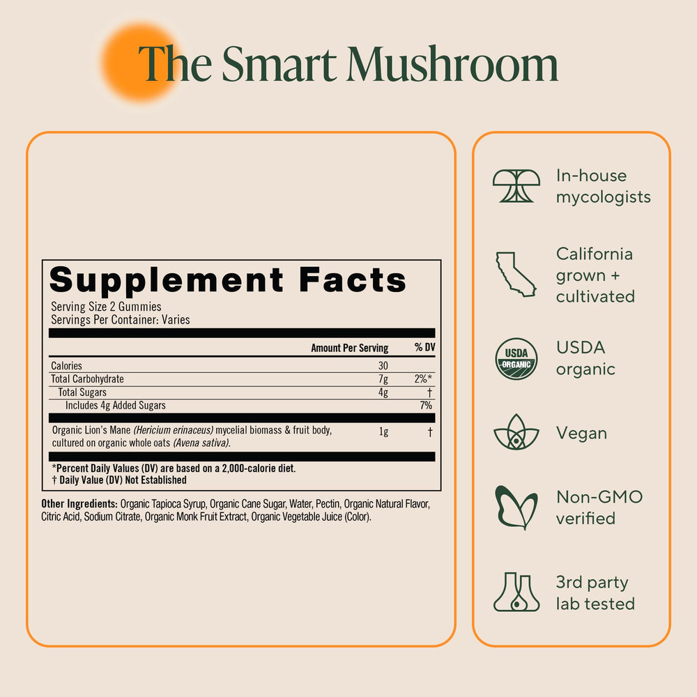 30 servings per bottle shown for OM Lion’s Mane Gummies
