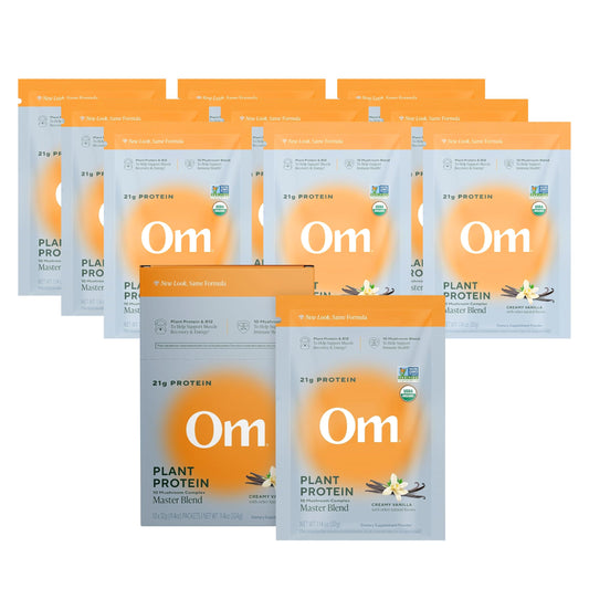 OM Mushroom Superfood Master Blend vanilla protein scoop for clean energy and daily nutrition.