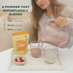 OM MUSHROOM SUPERFOOD organic label shows purity for brain-supporting supplement.