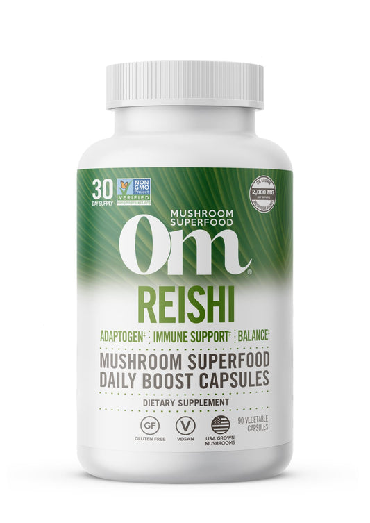 OM Mushroom Superfood Reishi capsules front view for daily immune support