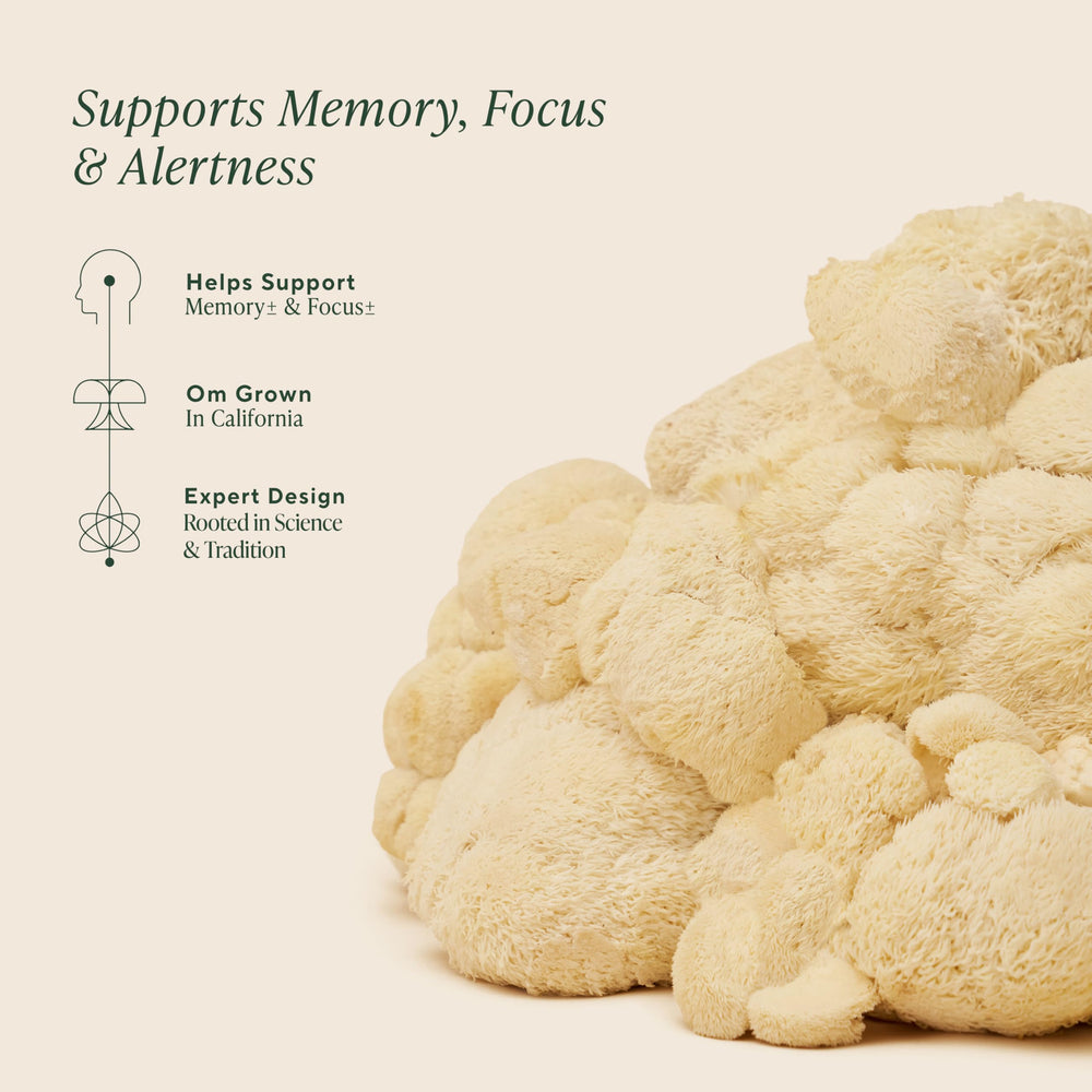 OM Mushroom Superfood serving dosage illustration emphasizes 2,000 mg per serving.