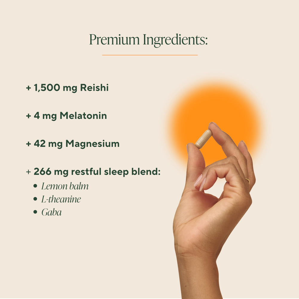 OM Mushroom Superfood Sleep Capsules night routine layout suggests rest and recovery.