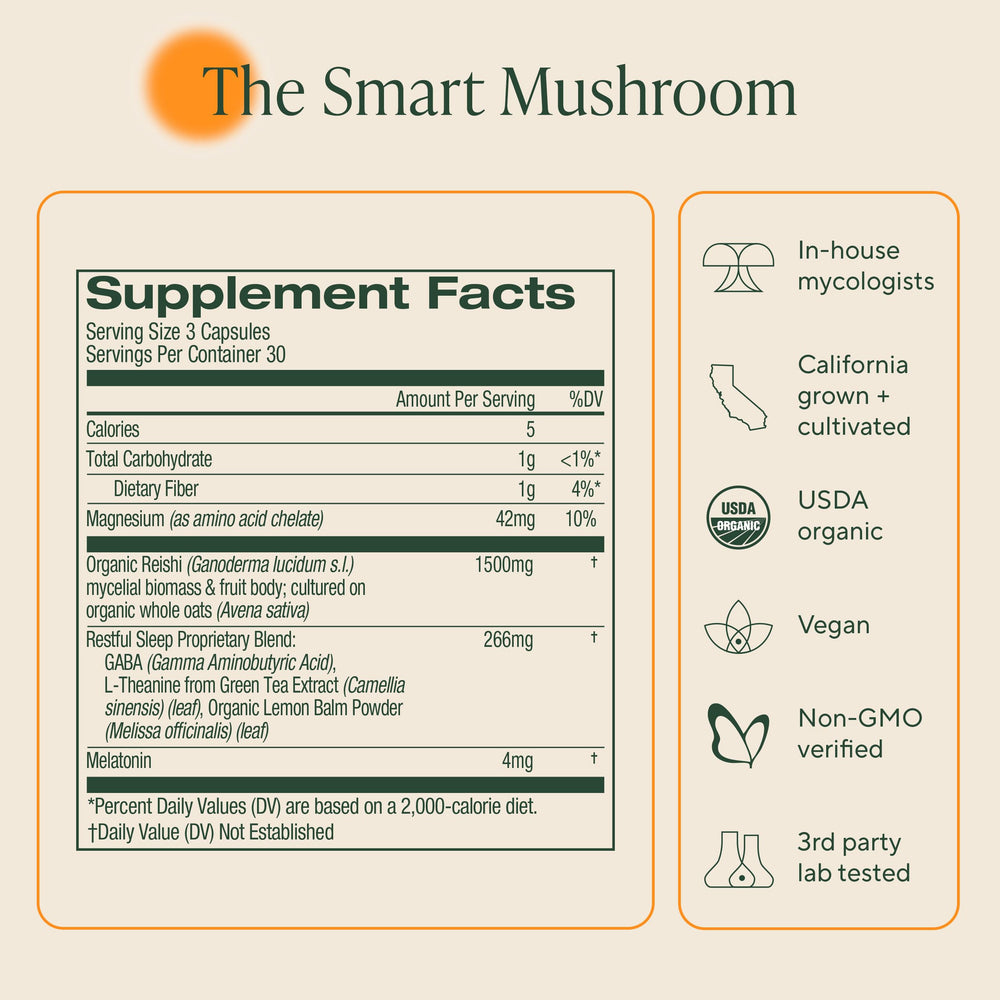 OM Mushroom Superfood Sleep Capsules serving size depiction hints 90-count value.