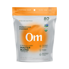 OM Mushrooms Master Blend powder jar showing a rich, immune support and gut health blend