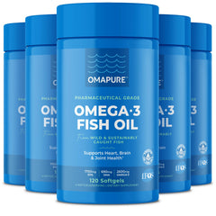 OMAPURE Fish Oil bottle packaging shows a five-bottle set for easy daily intake.