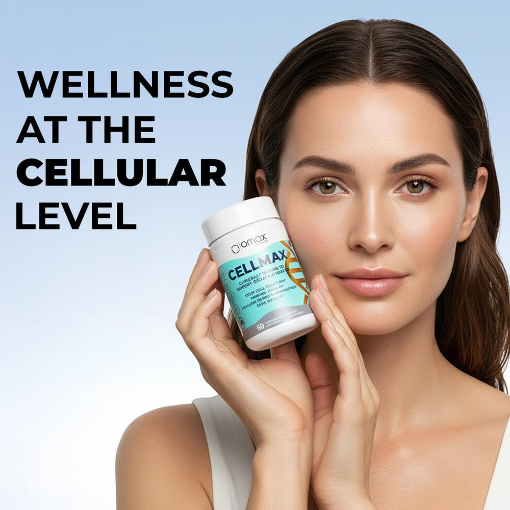 Person taking two Omax3 Cellmax capsules as part of daily routine.