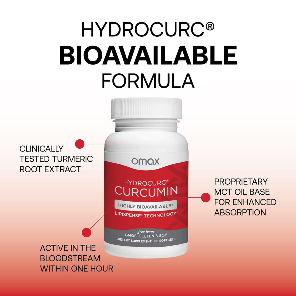 Omax3 HydroCurc curcumin extract close-up emphasizes potent 150mg per softgel.