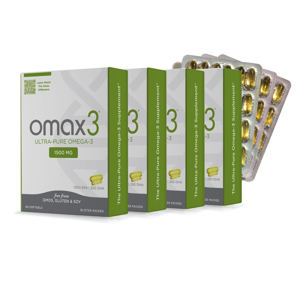 Omax3 Ultra-Pure omega-3 bottle highlighting high EPA and DHA for heart and brain support.