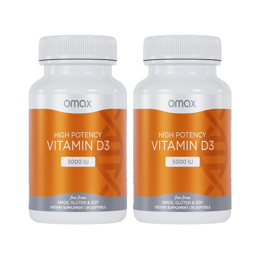 Omax3 vitamin D3 5000 IU softgel bottle showing a potent daily dose.