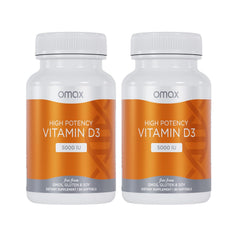 Omax3 vitamin D3 5000 IU softgel bottle showing a potent daily dose.