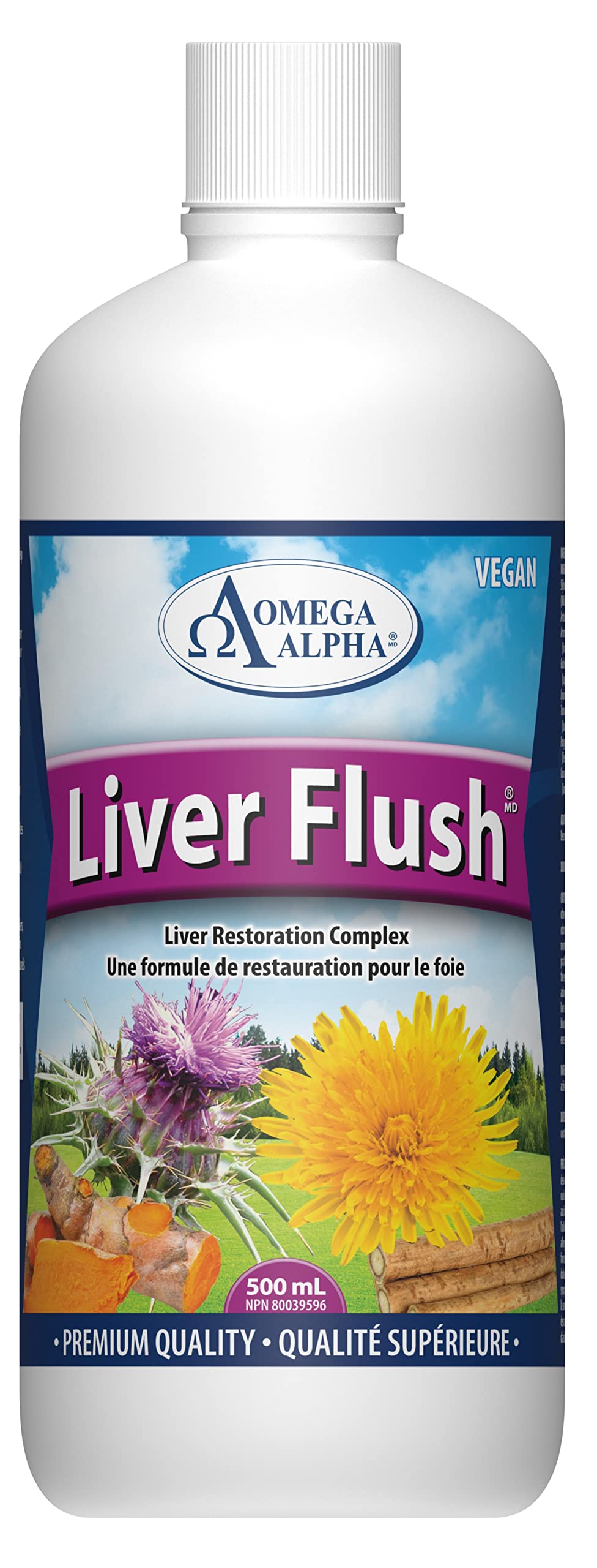Omega Alpha Liver Flush bottle front view, 500 ml for easy dosing.