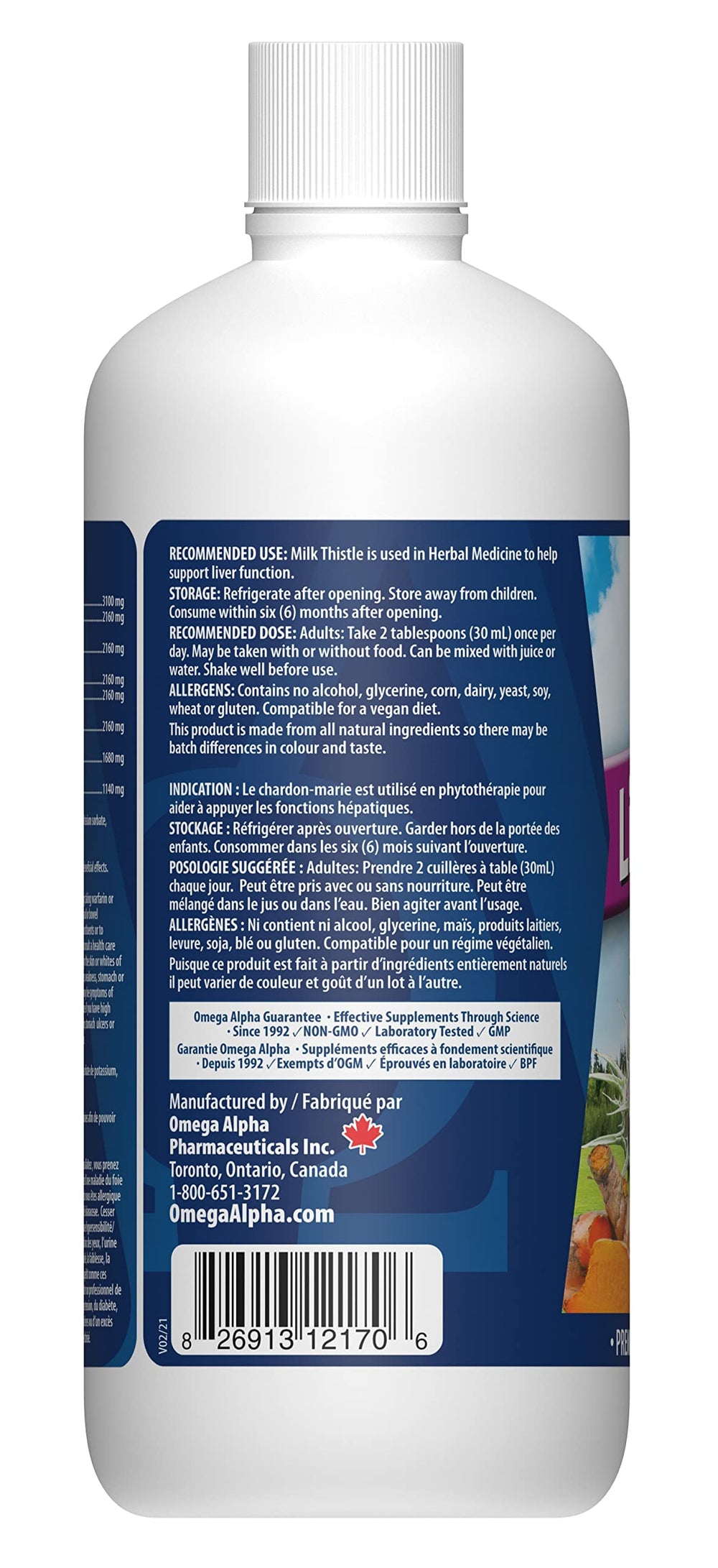 Omega Alpha Liver Flush ingredients panel highlighting milk thistle and other herbs for herbal support.