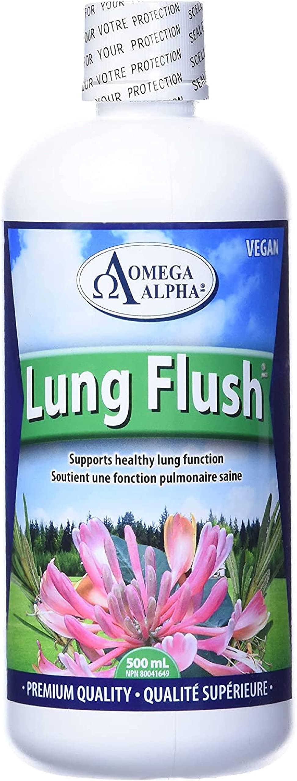 Omega Alpha Lung Flush bottle front shows packaging for easy daily use.
