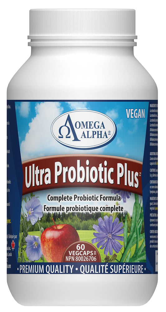 Omega Alpha Ultra Probiotic Plus bottle front shows eight strains for gut balance.