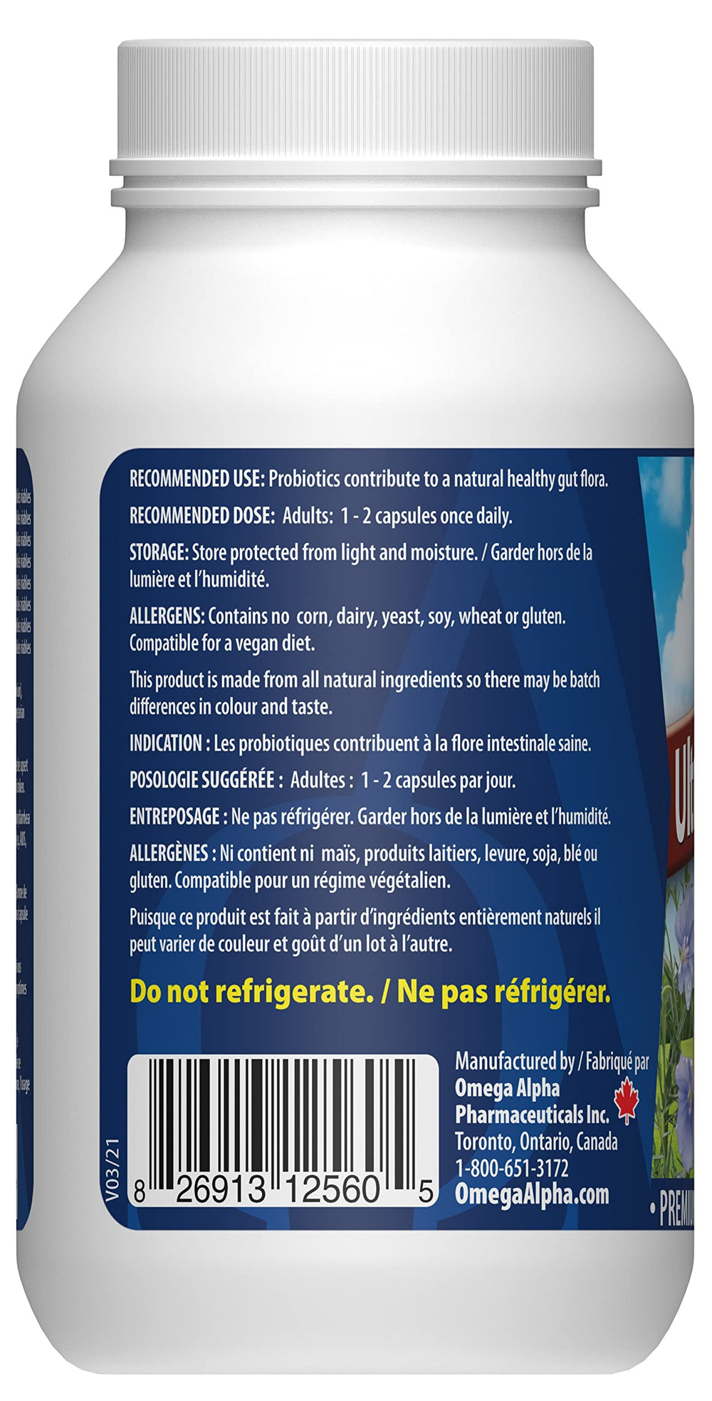 Omega Alpha Ultra Probiotic Plus capsules inside reveal ten billion viable cells per capsule.