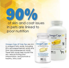 Omega Caps vet-formulated-seal on bottle conveys professional, safe supplementation.