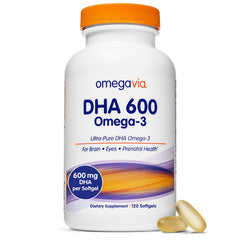 OmegaVia DHA 600 mg softgels support brain and eye health during daily use.