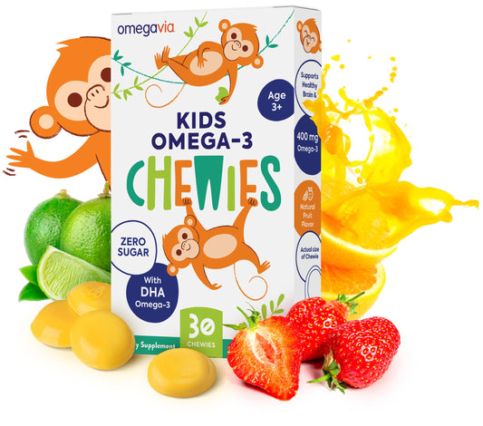 OmegaVia Kids Omega 3 Gummies with 400 mg DHA per chew for focus.