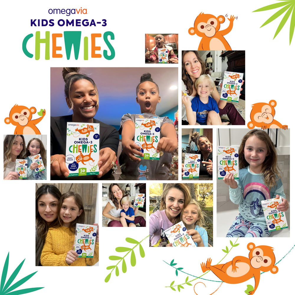 OmegaVia Kids Omega 3 Gummies daily DHA support for brain and eye health.
