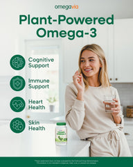 OmegaVia Vegan Omega-3 algae oil capsules closeup, pure plant-based DHA.