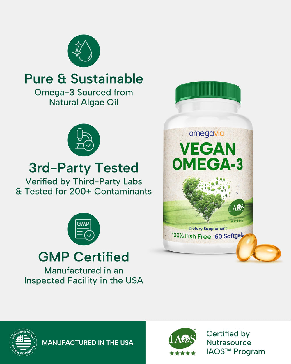 OmegaVia Vegan Omega-3 with Friend of the Sea certification, sustainably sourced.