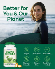 OmegaVia vegan omega-3 plant-based ingredients illustration showing algae origin.