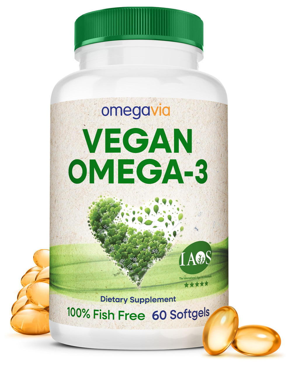 OmegaVia Vegan Omega-3 softgels bottle, convenient daily vegan DHA source.