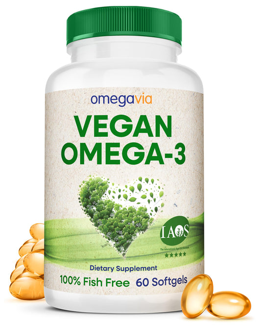 OmegaVia Vegan Omega-3 softgels bottle, convenient daily vegan DHA source.