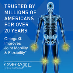 OmegaXL bottle label detail emphasizing natural drug-free joint support