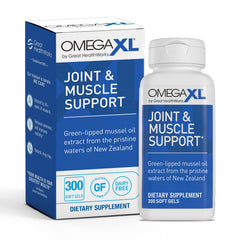 OmegaXL bottle with softgel capsules signaling joint support on the shelf