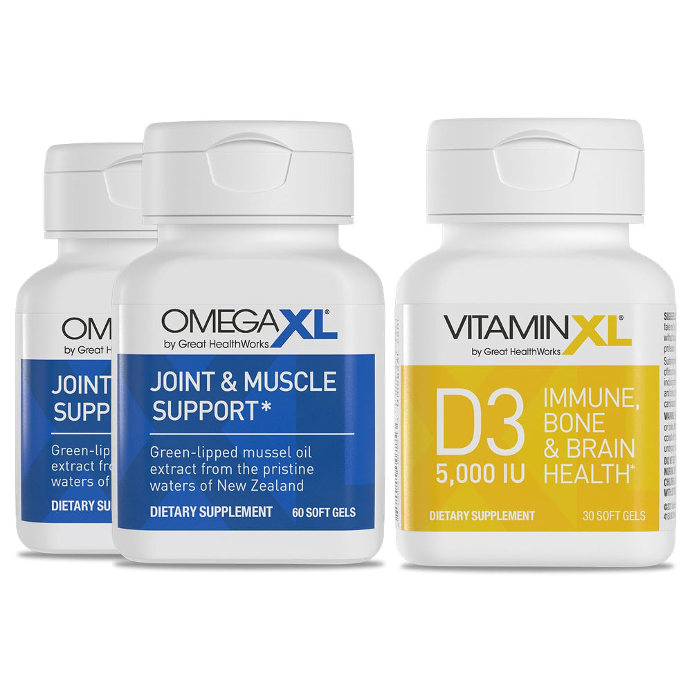 OmegaXL joint-support bottle shows easy daily softgels for mobility support.