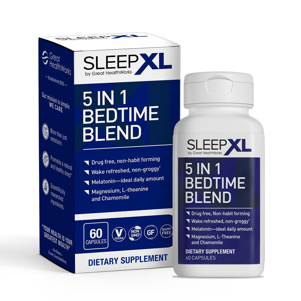 OmegaXL SleepXL bottle packaging on a nightstand signals non-habit sleep support.
