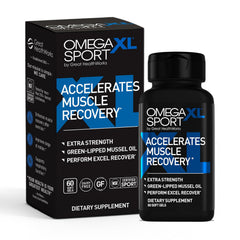 OmegaXL Sport bottle front view signaling a supplement for muscle recovery