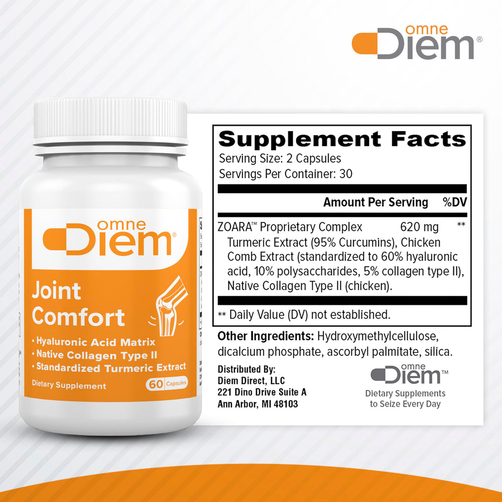 OmneDiem Joint Comfort capsules shown for easy, regular intake.