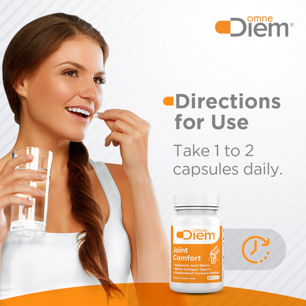OmneDiem Joint Comfort Zoara bottle close-up highlights premium ingredients.